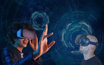 Two people wearing VR headsets, immersive virtual reality experience. image link to story
