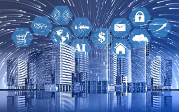 Digital cityscape with blue-tone tech icons overlayed, titled City of Tech. image link to story