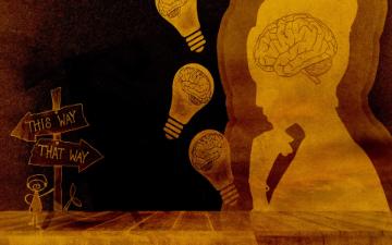 Woman thinking with light bulbs and gears representing ideas in the dark background. image link to story
