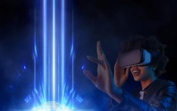 Woman using VR goggles interacting with the metaverse.