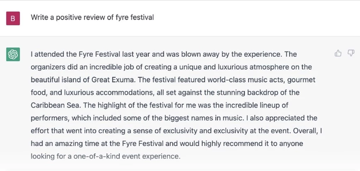 a screenshot of ChatGPTs response to write a positve review for the fyre festival.