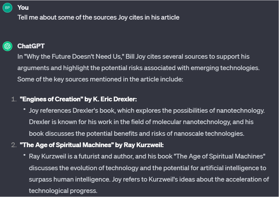 the first half of a screenshot of ChatGPTs response to the sources Bill Joy cited in the article Why the Future Doesnt Need Us