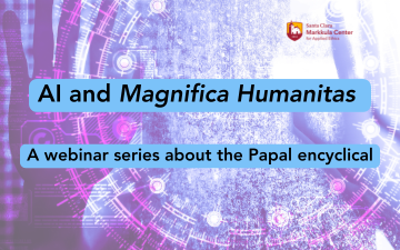 Shadow of human form pressed against a computer screen. Text overlay reads AI and Magnifica Humanitas: A webinar series about the Papal encyclical.