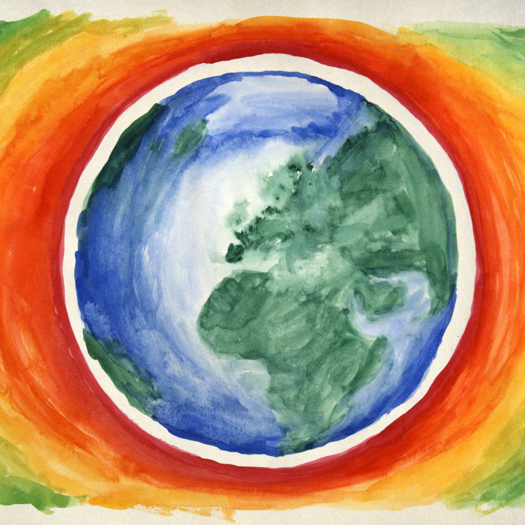 Earth watercolor with aura around it in reds and yellows