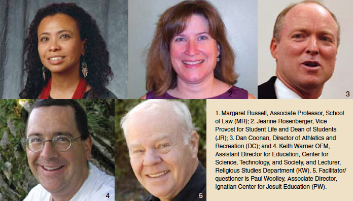 Five individuals and text about Jesuit General Congregation 35 Decrees.