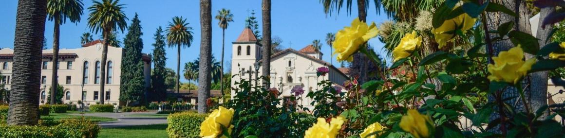 Campus and Mission Church of SCU with yellow roses