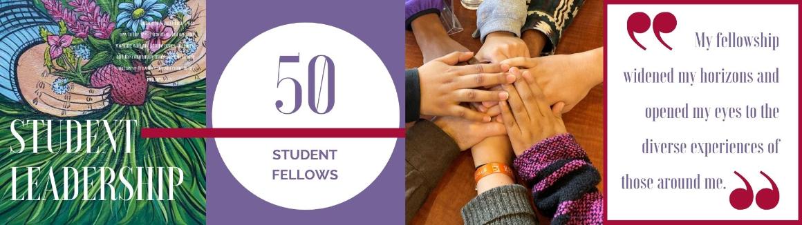 5 Student Leadership banner with images, text bubbles, and group discussion.