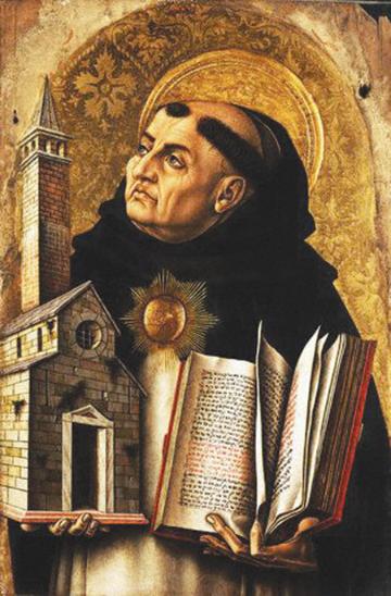 A painting of St. Thomas Aquinas holding a book and a church model.