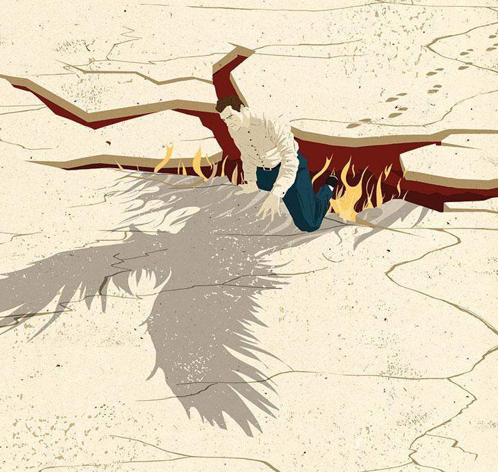 A bird with a human face and broken wings, symbolizing fragility.