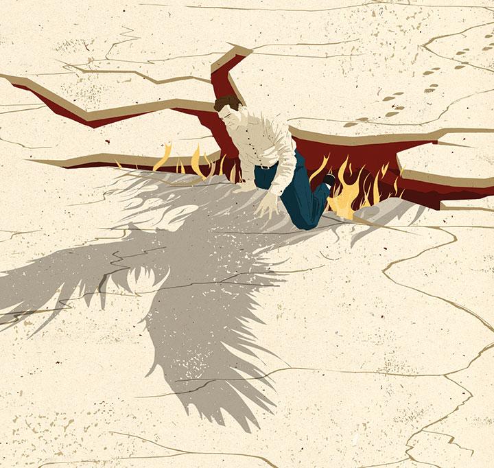 A bird with a human face and broken wings, symbolizing fragility.