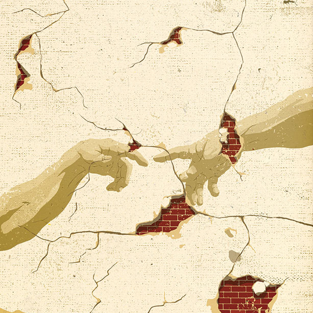 Alt text: Two hands reaching towards each other on a cracked surface.