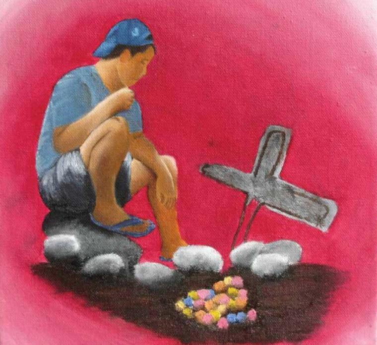 Person sitting on rocks beside a scribbled plane illustration.