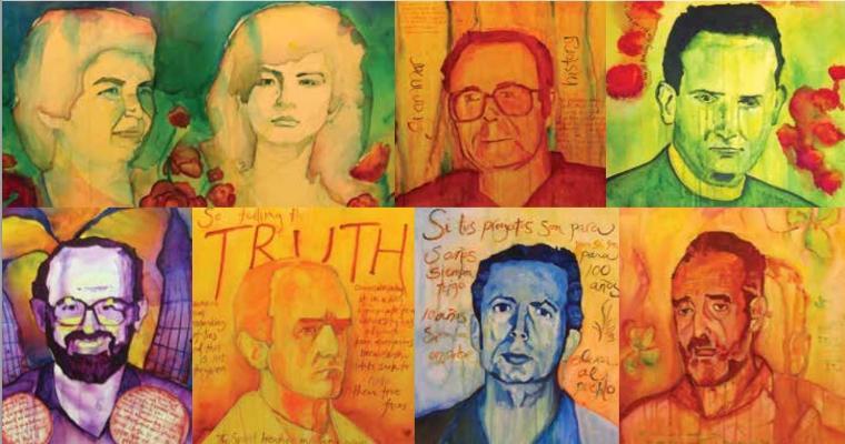 Pop art-style portraits of various individuals with colorful backgrounds.