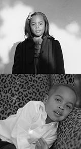 Two black-and-white photos: one of an adult, one of a baby.