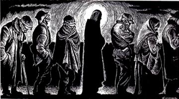 Black and white image of a group of people standing around a central figure.