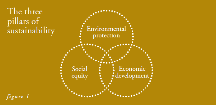 Venn diagram illustrating three pillars of sustainability: economic growth, social progress, environmental stewardship.