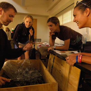 People inspecting a wooden bin with soil inside. image link to story