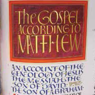 The Gospel According to Matthew book cover with decorative text.