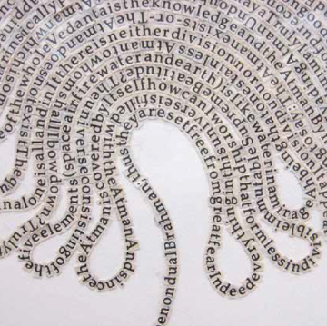 Squiggly lines formed by overlapping text in a circular pattern.