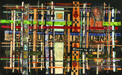 Abstract art of interwoven colorful lines and patterns against a dark background.