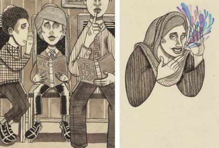 Children talking seated in sepia tone, and a child whispering on the right.