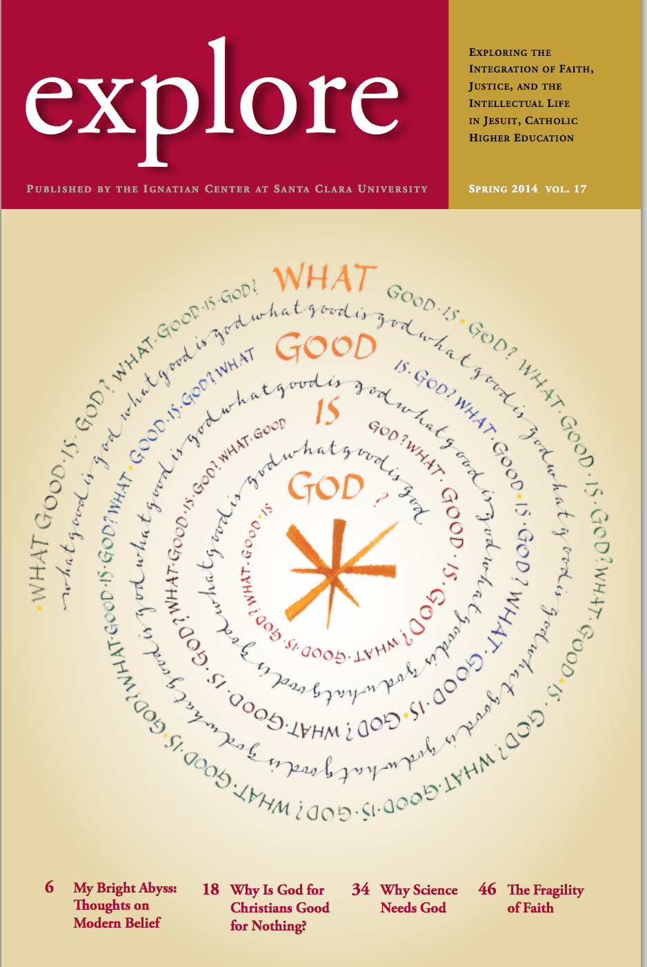 The cover of Explore magazine with circular text pattern. - Link to file