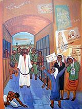 Colorful mural depicting various people and activities on a blue path beneath an arched gateway.