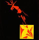 Abstract red and yellow shapes on black background.