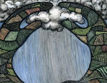 Stained glass art showing a bird and landscape scenery.