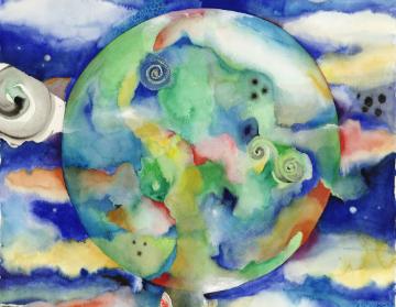 Watercolor painting of Earth surrounded by clouds and abstract shapes.