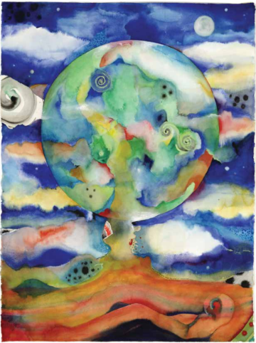 Colorful abstract painting of the Earth with surrealistic elements and vibrant skies.