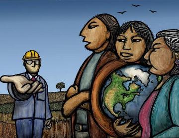 Illustration of four people with the text The Earth is Not For Sale.