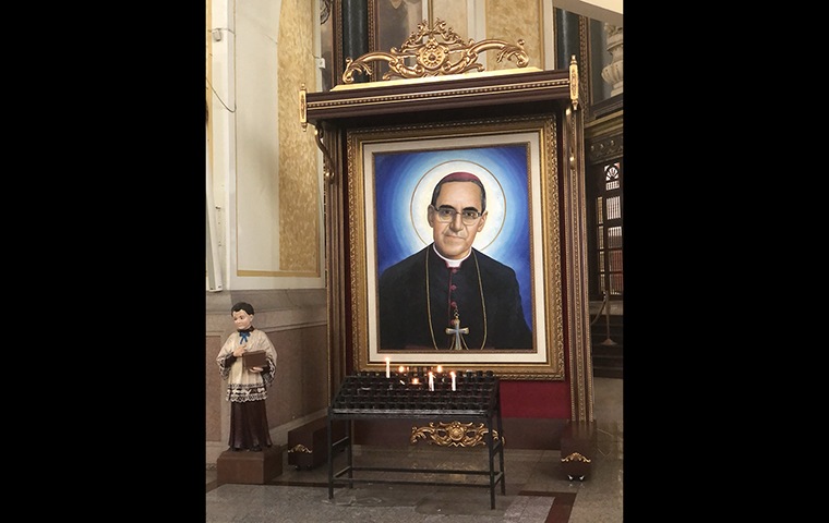 A portrait of slain Archbishop Oscar Romero, who was assassinated in March 1980 by a member of the Salvadoran army while Romero was saying a private mass.