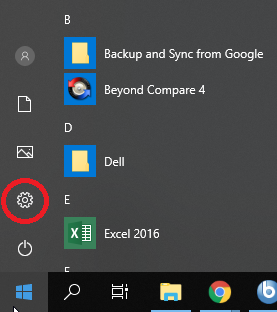 An image of the Windows 10 Start menu showing the Settings gear icon highlighted.