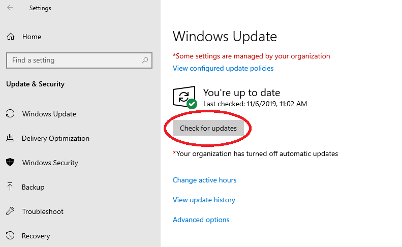 An image of the Windows Update screen in Windows 10 showing the Check for updates button highlighted.