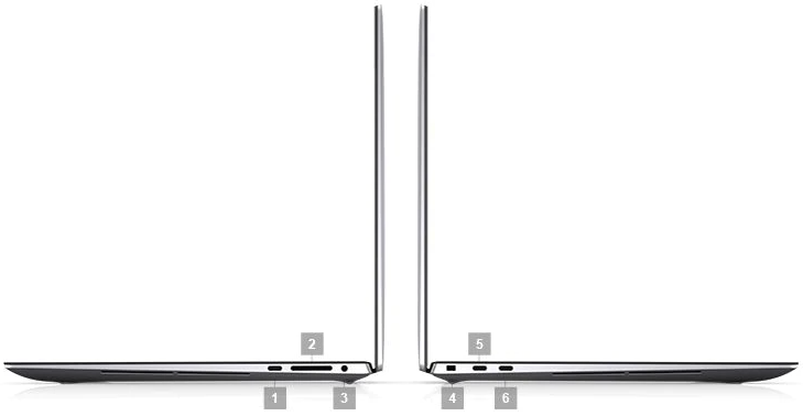 An image of the 2 sides of a Dell Precision 5550 laptop showing the available ports.