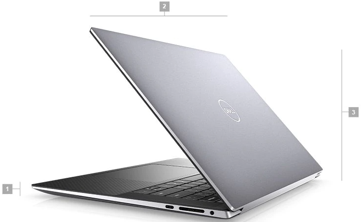 An image of the Dell Precision 5550 laptop with the screen slightly open, showing the back, with number labels showing the HxWxD