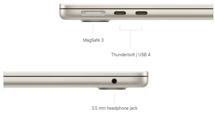 Image showing the available ports on the Apple MacBook Air M2 and M3 models - 2 USB 4 ports, MagSafe and headphone jack.