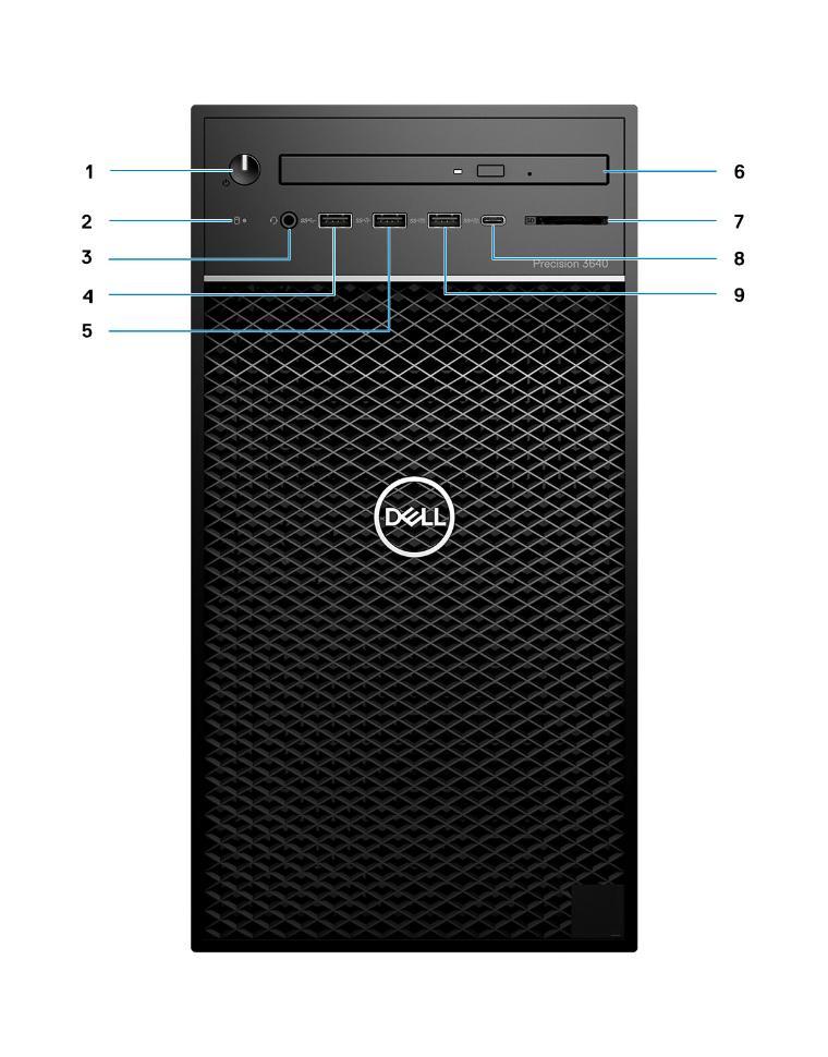 A view of the front of a Dell Precision 3640 minitower with the ports labeled with numbers.