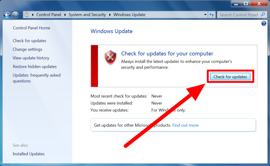 An image of the Windows 7 check for updates button highlighted.