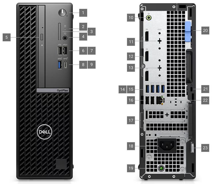 A view of the Dell OptiPlex small form factor plus 7020 showing the available ports in the front and back, labeled with a number key.