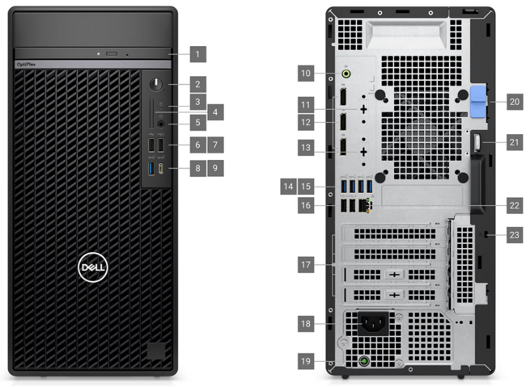 A view of the front and back of the Dell OptiPlex Tower Plus 7020 computer, showing the available ports with a number key.