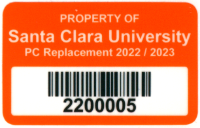 An image of the 2022-2023 PC Replacement Program asset tag showing the tag is orange and the asset tag starts with 