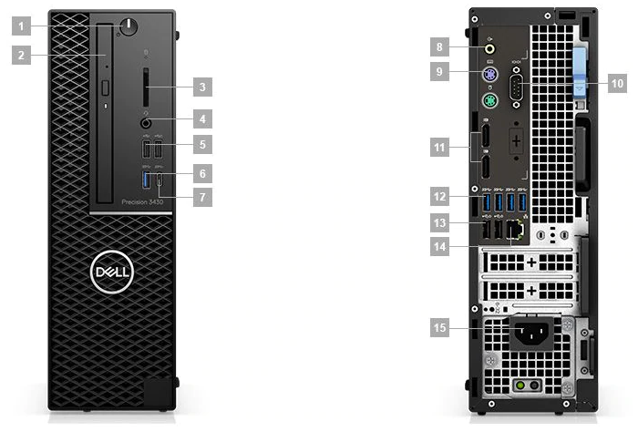 An image of the Dell Precision 3430 small form factor computer showing the ports and slots for both the front and back of the computer.