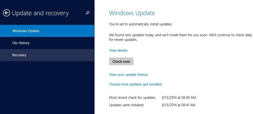 An image of the Windows 8.1 Update and recovery panel showing Windows Update.