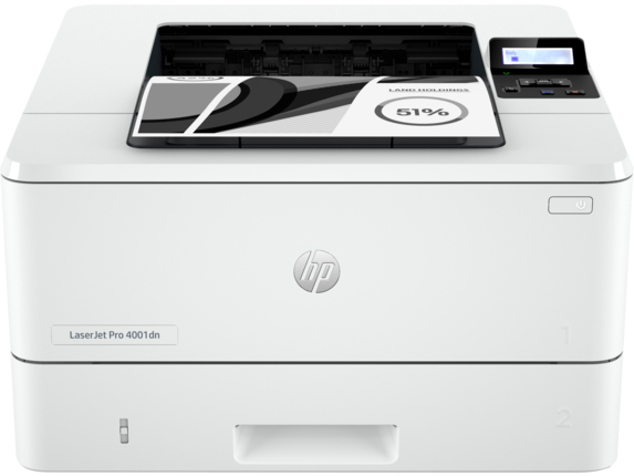 An image of the HP LaserJet 4001dn printer showing the front of the printer with a sample printout in the output tray.