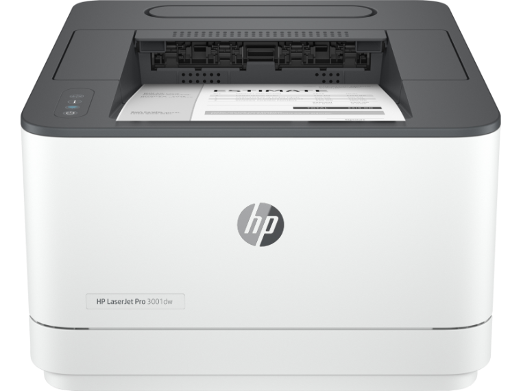 An image of the HP LaserJet Pro 3001dw Printer with a piece of paper in the output tray.