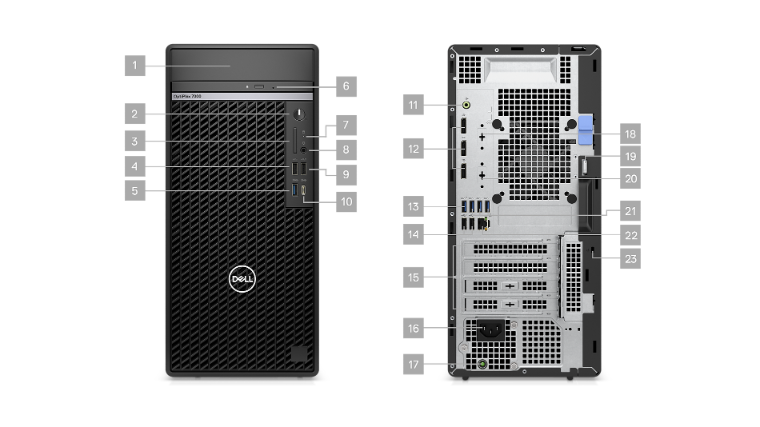 An image of the Dell OptiPlex 7000 minitower computer showing both the front and back, with a number key for the available ports on the chassis.