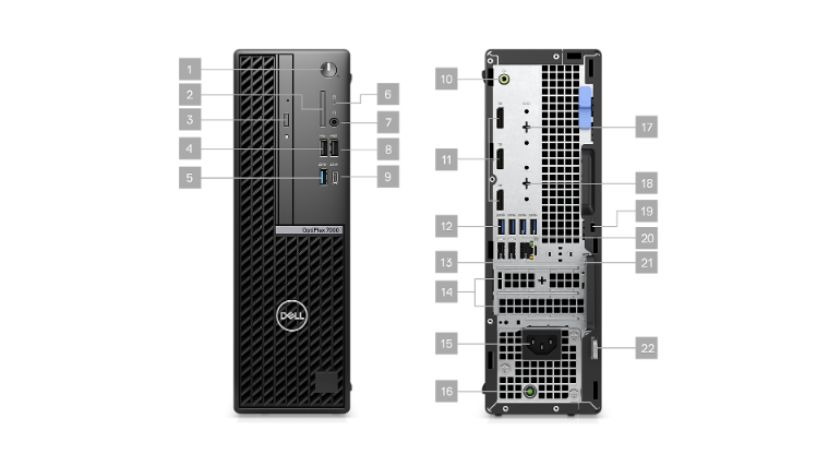 An image of the Dell OptiPlex 7000 Small Form Factor desktop computer showing the front and rear views with the ports identified with a number key.