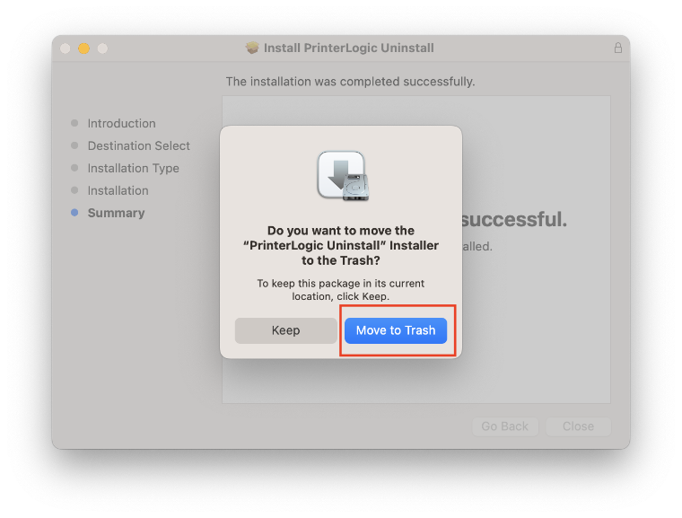 A prompt in macOS asking permission to move an installer package to the trash now that the install is complete.  The move to trash option is highlighted with a square.